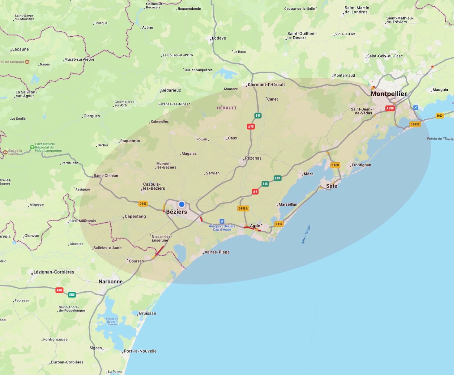 Zone d'intervention de Béziers à Montpellier
